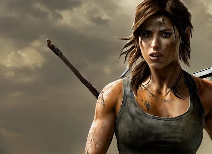 Image similar to film still of!!!! chloe bennett!!! as lara croft in new tomb raider movie, 8 k