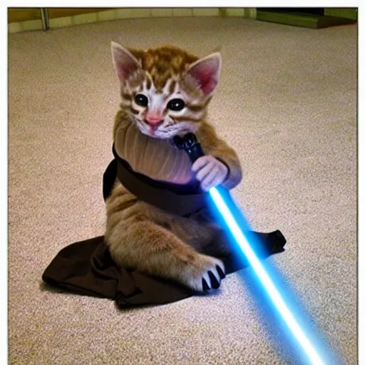 Prompt: Jedi Padawan kitten learning how to use a lightsaber