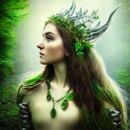 Prompt: heavenly beautiful elven queen with a leaf crown, hints of silver jewelry, overgrown, full body, forest background, elegant, intricate detail, dramatic lighting, mist, green aura,