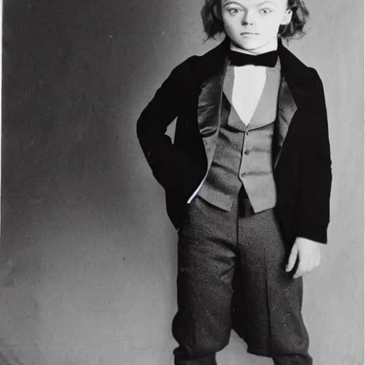 Image similar to daguerreotype ambrotype of sadie sink as a boy in oversized suit, highly detailed,