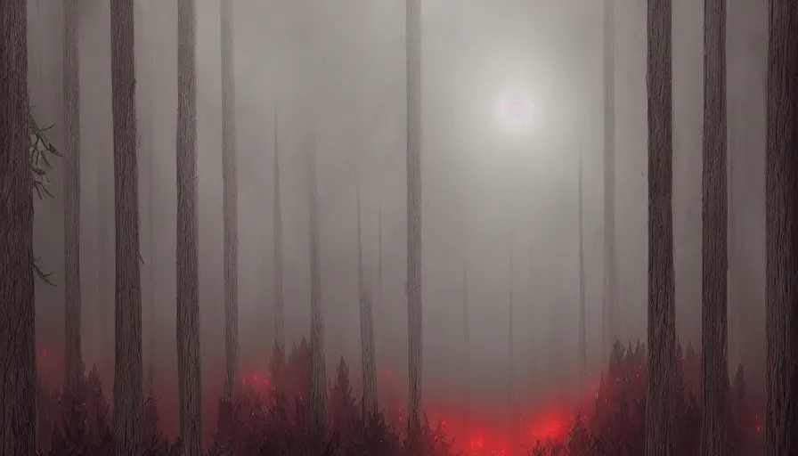 Image similar to a highly detailed illustration of a dark foggy pine forest, the tree barks filled with bright red eyes, style of alexandre chaudret, artstation, dark fantasy