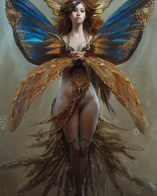 Image similar to Moth Fairy Maiden with large moth like wings wearing ornate dress by Ruan Jia and Andrei Riabovitchev, featured on Artstation, Hyperdetailed, stylized, realistic oil on linen, masterpiece, fantasy, dark academia