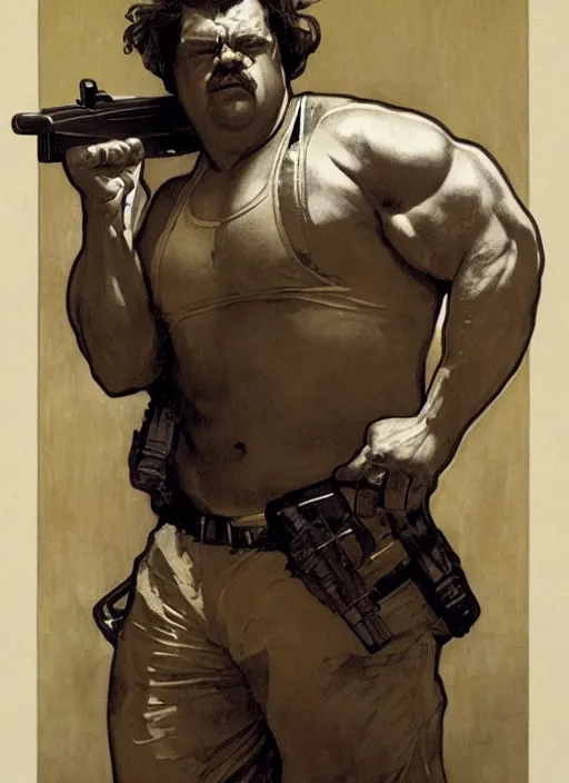 Image similar to gk chesterton as a buff action hero with muscles and a shotgun. portrait by james gurney craig mullins and alphonso mucha. realistic face. expressive.