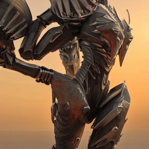 Prompt: cinematic body shot, realistic detailed stunning beautiful armored anthropomorphic female robot dragon, looking to the side with an elegant pose of hand on hip, smooth and streamlined armor and design made of steel, sharp claws and sharp teeth, high quality head, Slick LEDs, on the beach during sunset, high quality, cinematic art, sci fi, sunset lighting, 3D render, 8k, artstation, deviantart, furaffinity