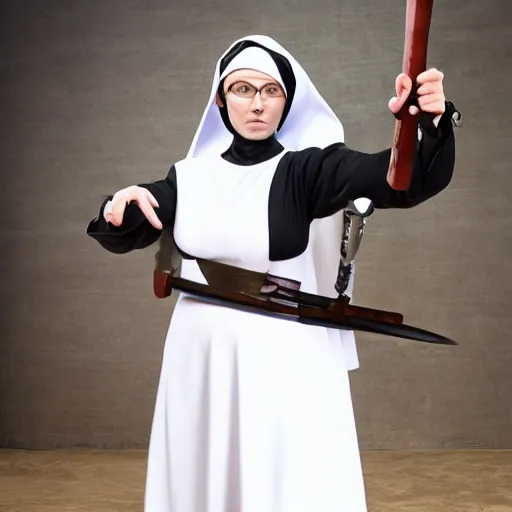 Prompt: photo of a futuristic nun warrior with weapons