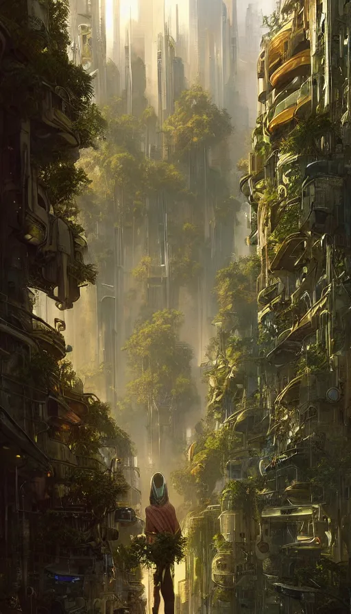 Image similar to hyper realistic cyberpunk city, overtaken by lush plants, gnarly trees by tom bagshaw, mucha, gaston bussiere, craig mullins, j. c. leyendecker 8 k