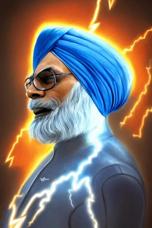 Image similar to Manmohan Singh as Flash, Flash costume, Manmohan Singh blue turban, Flash body type, Manmohan Singh Face, calm, lightnig speed, grumpy, portrait, masculine figure, highly detailed, digital painting, artstation, concept art, smooth, sharp focus, illustration, cinematic lighting, art by artgerm and greg rutkowski and alphonse mucha