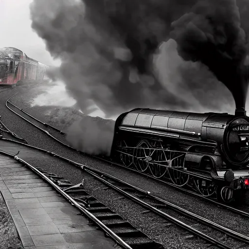 Image similar to A hyperdetailed photograph of the Flying Scotsman on the rails producing lots of black smoke in an old timey city, night, dense fog, rain, HD, 8K resolution