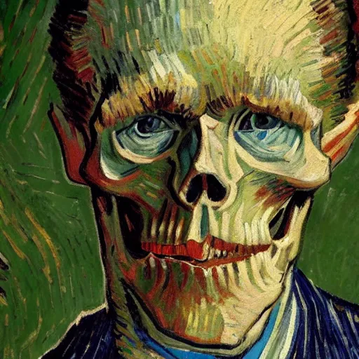 Image similar to detailed expressionist oil painting portrait by van gogh of a skeleton in a suit, a tall formal skeleton in suit and tie, expressionist portrait, color scheme of greys and whites, 8 k resolution, smooth, sharp focus