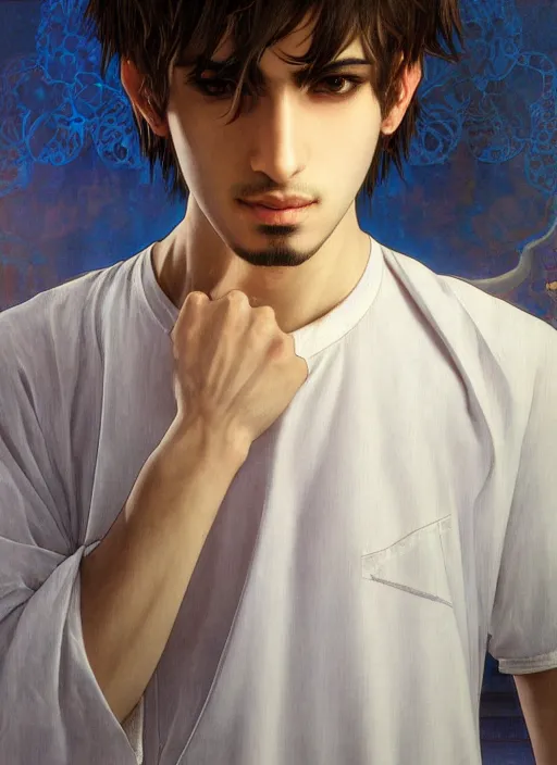 Image similar to beautiful medium shot portrait of a young arabic man inspired by ayami kojima with short hair dressed with a white t - shirt looking into the camera from three - quarters, white background white bank studio light, art by yoshitaka amano, alfons mucha, final fantasy, high quality, 8 k