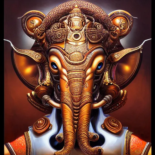 Image similar to biomechanical robot Ganesha , hyper-realistic futuristic portrait, intricate details, hyperdetailed fantasy character, supersharp, hypermaximalist, dramatic lighting, hajime sorayama, brom, Indian god, Ganesha, ganapati, vinayak, futuristic portrait of photorealistic Cyborg Ganesha