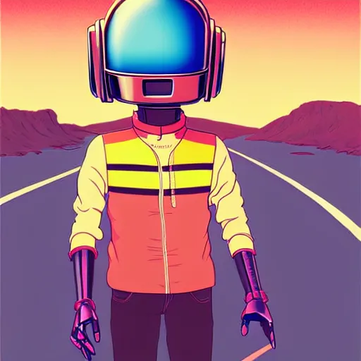 Image similar to a study of cell shaded cartoon of a daft punk in the style of howl's moving castle ( 2 0 0 4 ) on a desert road, full body, wide shot, very muted colors, post grunge, studio ghibli, laurie greasley, highly detailed, deviantart, art by artgem