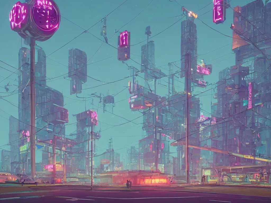 Prompt: tall futuristic buildings, billboards and neonsigns by night, stars and plantes by Yusei Uesugi and Simon Stålenhag