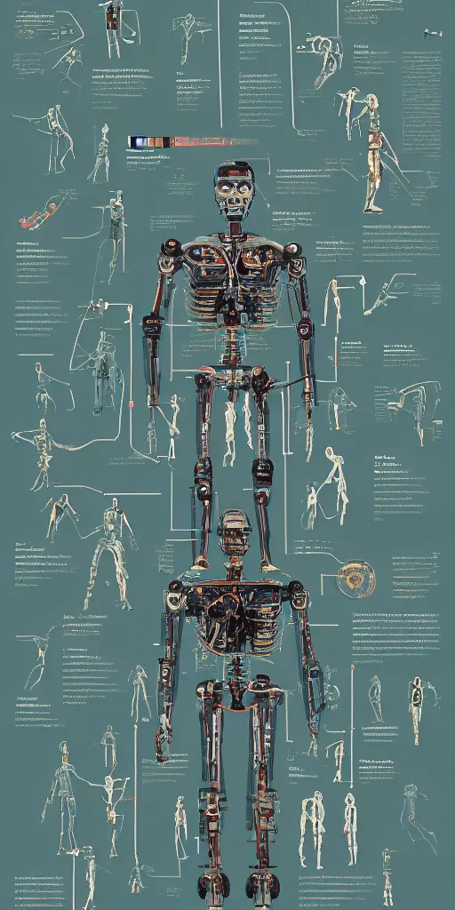 Image similar to anatomy of the terminator, robot, cyborg, t100, diagrams, infographic by Wes Anderson and victo ngai