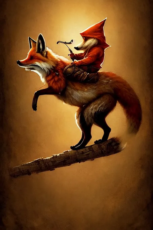 Image similar to gnome ridding on red fox | esoteric symbolism | jean - baptiste monge, esao andrews, bastien lecouffe - deharme, tim jacobus, ken currie | ultra - detailed realism, soft cinematic lighting, hi - fructose, artstation, high - quality, ink watercolors wes anderson poster art