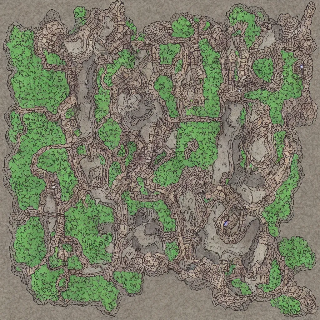 Prompt: detailed dungeons and dragons map, cave entrance, hallways