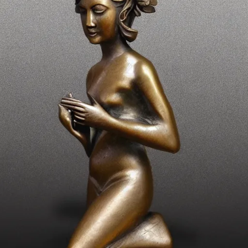 Prompt: realistic bronze statue woman holding lotus flower