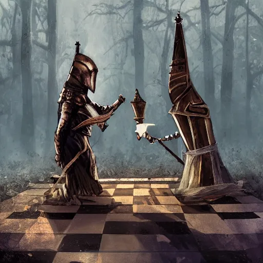 Image similar to two chess pieces fighting, the knight and the bishop on a wood chess board , fantasy art, in the style of greg rutkowski, illustration, epic, fantasy, intricate, hyper detailed, artstation, concept art, smooth, sharp focus, ray tracing