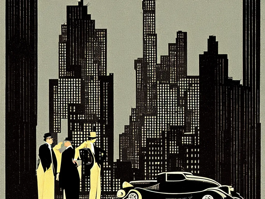 Image similar to two suspicious men in a parked a car in front of a very tall building, desert street, late at night, dimly lit, gangster, film noir, upscale 1920, relaxed poose, art deco, artwork by coles phillips, post processing, intricate, grim yet sparkling atmosphere, beautifully detailed render, post-processing, extremely hyperdetailed, 8k octane beautifully detailed render, intricate, epic composition,cinematic lighting, art nouveau