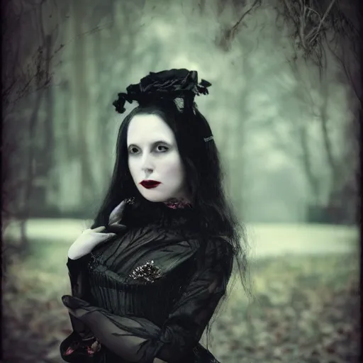 Image similar to A beautiful portrait of a lady vampire, victorian, '20, ominous, dracula, depth of field, bokeh, irwin penn, soft light, cinematic