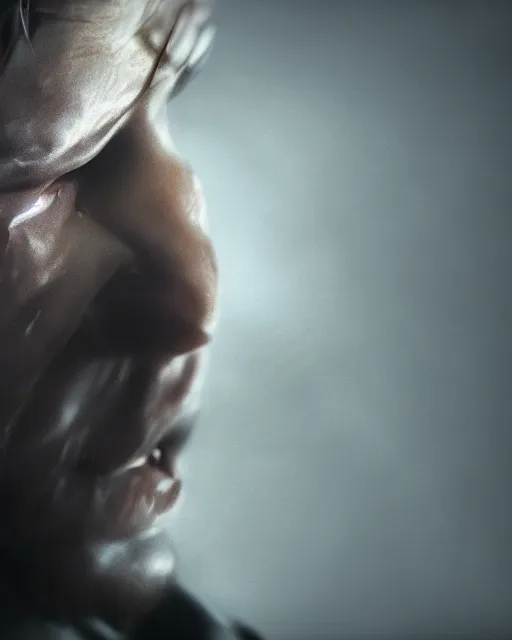 Prompt: solid snake portrait, cinematic lighting, anguished crying screaming yelling, mouth open, black atmospheric background, 4 k photography hdr