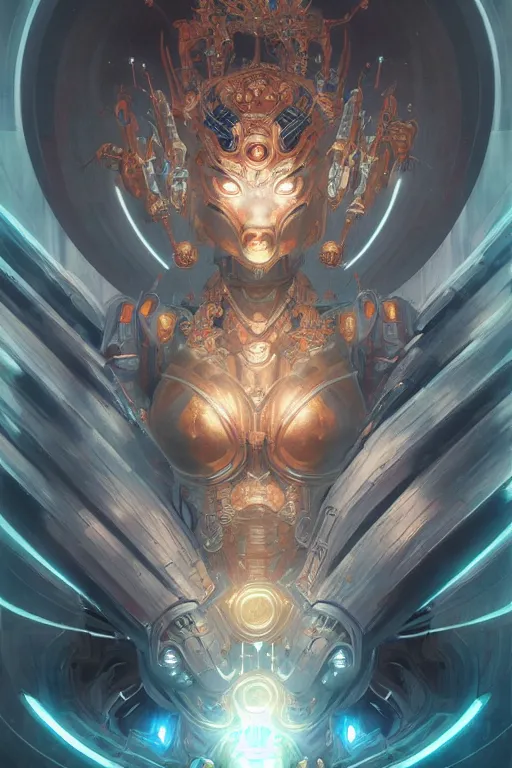 Image similar to asura from chinese myth, ghost, mecha, symmetrical. sci - fi, tech wear, glowing lights, intricate, elegant, highly detailed, digital painting, highly detailed, digital painting, artstation, concept art, smooth, sharp focus, illustration, art by artgerm and greg rutkowski and alphonse mucha