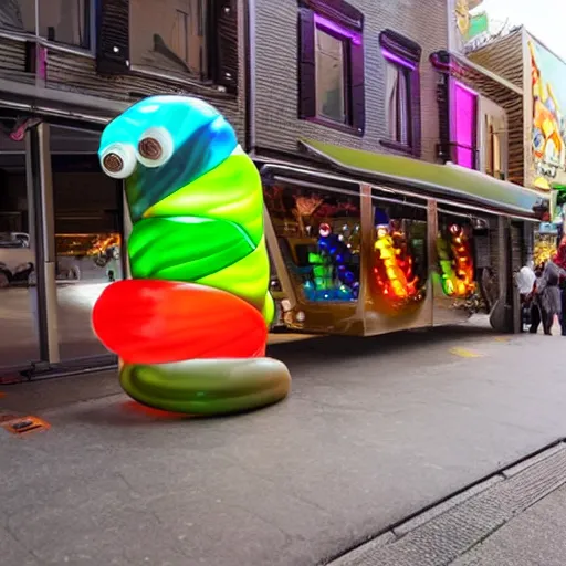 Image similar to a futuristic robotic gummi worm. dramatic product lighting. it's a gummi with extra juiciness. but it's also a worm. ick. in a magical side alley, the worm is on display in a trendy food truck display. digital reality.