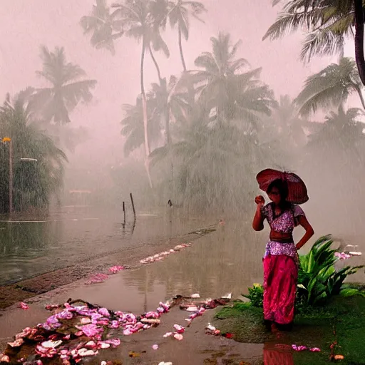 Image similar to monsoon on tropical island, oriental woman, ornate, beautiful, atmosphere, vibe, mist, coconuts, rain, wet, pristine, puddles, melting, dripping, snow, creek, lush, ice, bridge, forest, roses, flowers, by francis bacon