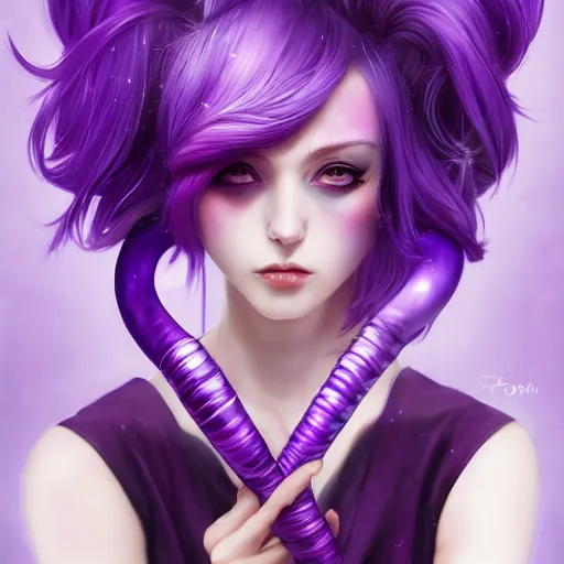 Image similar to beautiful anime woman with purple hair, a horn! on her forehead, a horn on her head, one horn, a single horn, purple eyes, a purple tuxedo, sharp focus, intricate, cell shaded, award winning photography, cinematic, digital painting, cinematic, wlop, 8 k, by ross tran, tom bagshaw