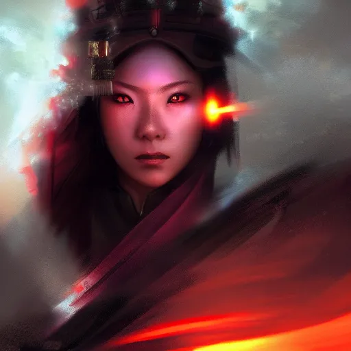 Image similar to beatiful female samurai in front of sparks and smoke in the style of Raymond Swanland, cinematic, artstation