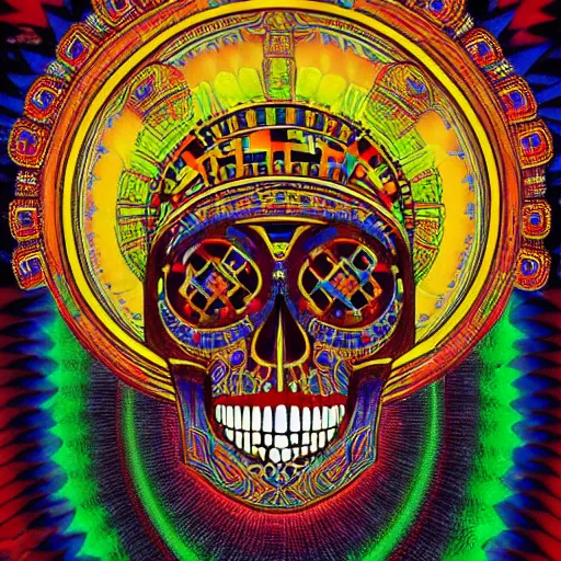 Prompt: a painting of a aztec skull with ornate ceremonial headdress, poster art by jeffrey smith, behance contest winner, psychedelic art, cosmic horror, anaglyph effect, mandelbulber fractal