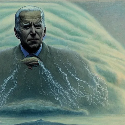 Image similar to terrifying, surreal portrait of joe biden standing up to his shoulders in turbulent, shadowy water by j. c. leyendecker, bosch, william blake, stephen gammell, jon mcnaughton, and beksinski