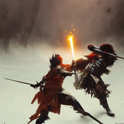 Image similar to A fierce duel between two knights on a battlefield, by Greg Rutkowski, cinematic