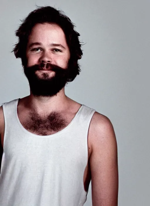 Image similar to illustration of young tim robbins with dark brown hair and a big bushy beard, wearing a white tank top