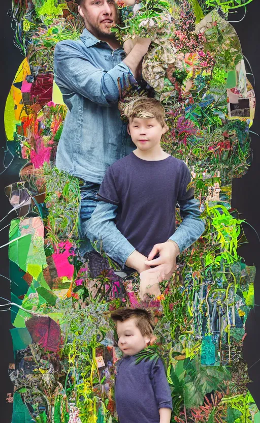 Prompt: father with child overgrown by maximalist mixed media collage plants. HD 8x