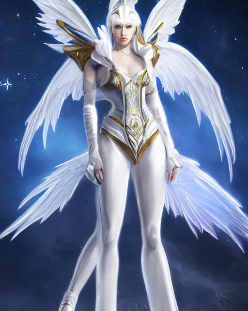 Image similar to perfect white haired egyptian goddess wearing white dove wings, warframe armor, regal, attractive, ornate, sultry, beautiful, ice queen, half asian, pretty face, blue eyes, detailed, scifi platform, 4 k, ultra realistic, epic lighting, android body, illuminated, cinematic, masterpiece, art by akihito tsukushi, voidstar