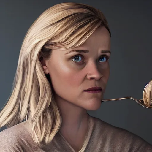 Image similar to hyperrealistic film still of reese witherspoon, holding a metal spoon, stunning 3 d render, inspired by istvan sandorfi & greg rutkowski & unreal engine, perfect symmetry, dim volumetric cinematic lighting, 8 k octane comprehensive render, extremely hyper - detailed, incredibly lifelike attributes, intricate, real flesh texture, masterpiece, artstation, stunning,