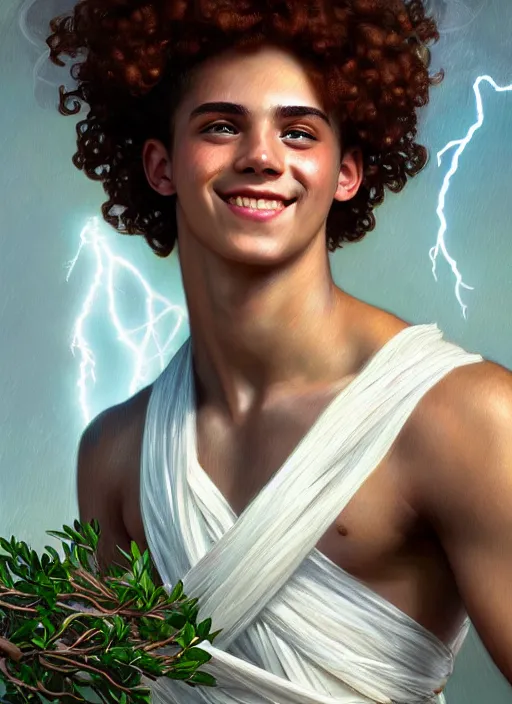 Image similar to portrait of teenage zeus, greek, short curly copper hair, smiling mischievously, wearing a white sash, olive tree, intricate, elegant, lightning bolt, glowing lights, highly detailed, digital painting, artstation, concept art, smooth, sharp focus, illustration, art by wlop, mucha, artgerm, and greg rutkowski