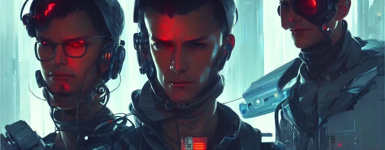 Image similar to Hacker cyberpunk man portrait, highly detailed, digital painting, artstation, concept art, smooth, sharp focus, illustration, art by artgerm and greg rutkowski and alphonse mucha