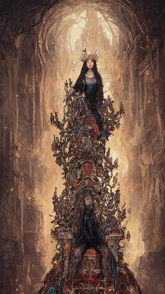 Image similar to painting of a beautiful black haired woman with pale skin and a crown on her head sitted on an intricate metal throne, illustration, artistic, colorful, hyper detailed, in the style of greg rutkowski,