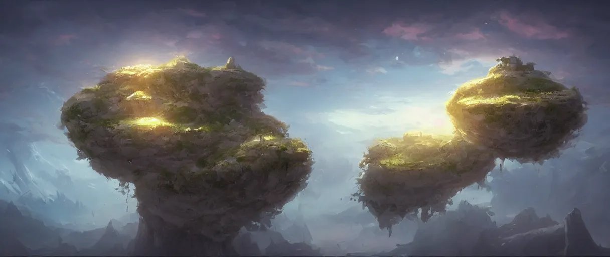 Prompt: floating islands in sky, concept art, low angle, cinematic, style of jordan grimmer