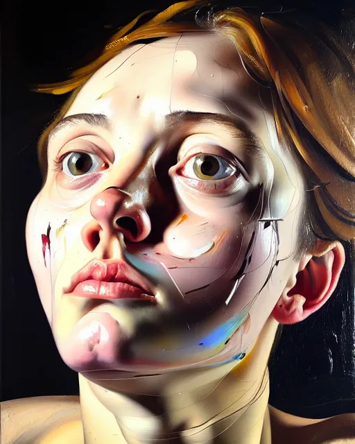 Prompt: a close up portrait a very ordinary young woman with a distracted expression, low angle, facing front, looking up, by Lucian Freud and Jenny Saville, oil painting, anatomically correct, beautiful perfect face, visible brushstrokes, sharp focus, Highly Detailed, Cinematic Lighting, 8k, HD