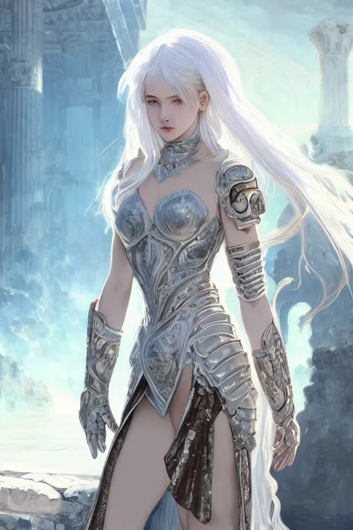 Image similar to portrait white hair knights of Zodiac girl, Sliver ice color reflected armor, in ruined Agora of Athens Sunrise, ssci-fi and fantasy, intricate and very very beautiful and elegant, highly detailed, digital painting, artstation, concept art, smooth and sharp focus, illustration, art by tian zi and WLOP and alphonse mucha