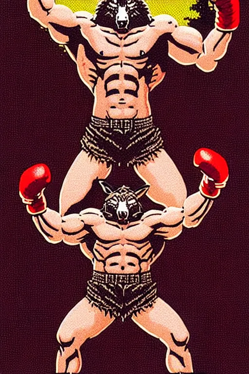 Image similar to extreme long shot. 8 bit nes graphics. antropomorphic muscular masculine wolf. kickboxer fighter, in shorts. wolf head. angry. fine details, very sharp, art from nes game cartridge, 8 0's, vhs artefacts, vaporwave style, marc simonetti and hermann nitsch and anish kapoor.