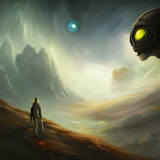 Image similar to an adventurer on an alien planet, artstation hall of fame gallery, editors choice, # 1 digital painting of all time, most beautiful image ever created, emotionally evocative, greatest art ever made, lifetime achievement magnum opus masterpiece, the most amazing breathtaking image with the deepest message ever painted, a thing of beauty beyond imagination or words