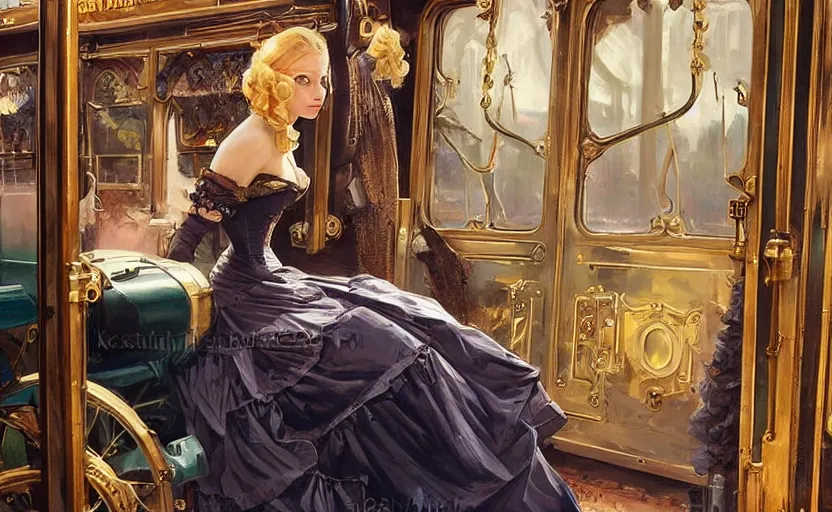 Image similar to A beautiful lady with blonde hair in a steampunk suit with a long skirt leaves the train of the Victorian era, by Konstantin Razumov, horror scene, highly detailded