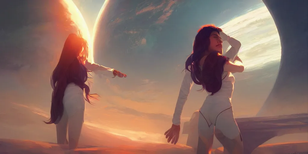 Image similar to Young Himalayan woman piloting a space shuttle, somber white eyes, long ashy hair, gentle lighting, dim lighting, digital art by Makoto Shinkai ilya kuvshinov and Wojtek Fus, digital art, concept art,