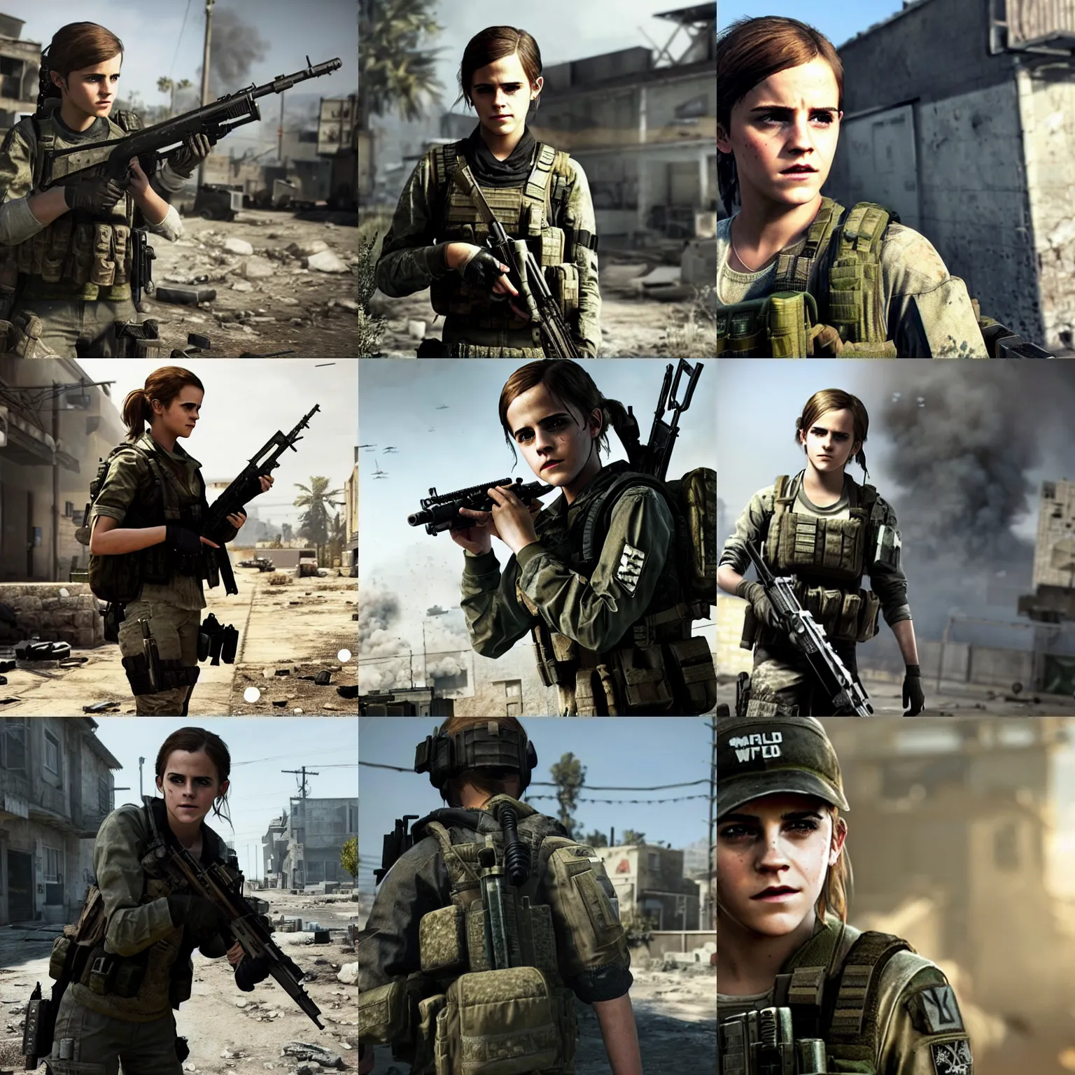 Prompt: teen emma watson in call of duty world modern warfare, ps 4, video game still