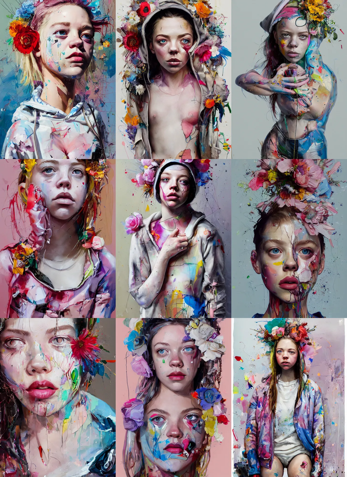Prompt: 2 5 year old sydney sweeney in the style of martine johanna and! jenny saville!, wearing a hoodie, standing in a township street, street fashion outfit, haute couture fashion shoot, full figure painting by john berkey, david choe, ismail inceoglu, decorative flowers, 2 4 mm, die antwoord ( yoladi visser )