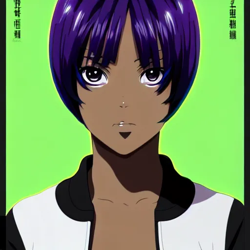 Prompt: anime poster film still portrait, young black woman, black black black woman, purple colored eyes!!!!, white!!! french bob hairstyle, green colored bomber jacket, detailed facial features, dynamic pose,, rimlight, cel shaded, 4 k